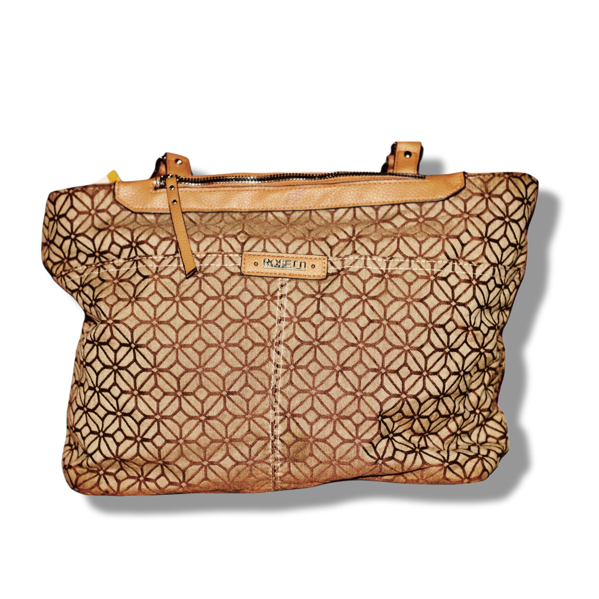 Tyler Rodan Purse Tote_Beige Fabric & Leather – Brown Pattern Tote with Dual Handles & Spacious Interior